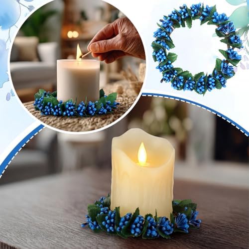 Daifunli 2 Pcs Williamsburg Blue Candle Rings Wreath Blue Pip Berry Ring Wreath for Pillar 3.9 Inch Candles Holder for Holiday Table Centerpiece Wedding Kitchen Cabinets Rustic Table Decor - Image 4