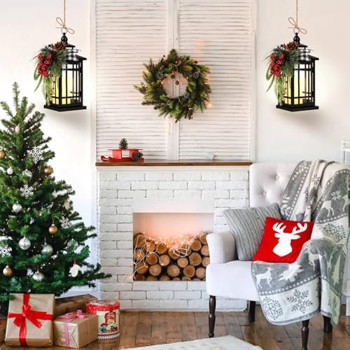Metal Christmas Vintage Candle Lanterns with Remote Control and Led Light, Plaid Ribbon Decorative Hanging Lantern for Indoor Outdoor Xmas Porch Decorations Party Gift,WOKEISE - Image 2