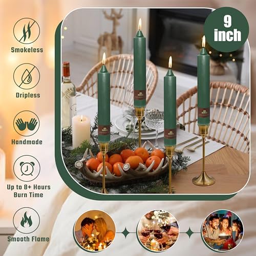 Christmas Green Candle 9 Inch Tall Smokeless Taper Candles 4 Pack Unscented Dinner Candle for Christmas Festive, Halloween Thanksgiving Day Fall Home Decor - Image 4