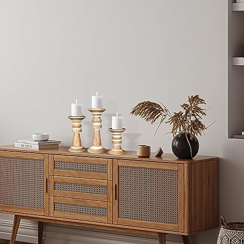 Lightnpro Wooden Pillar Candle Holders Set of 3 - Decorative Vintage Rustic Farmhouse Style Wooden Candle Stands for Home Décor, Gift, Wedding & Everyday Use - White Wash - 10", 8", 6" - Image 7