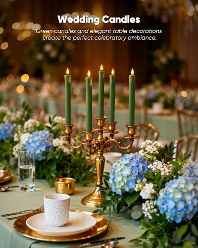 Homemory 3 Pcs Waxy Green Flameless Taper Candles with Remote Timer, LED Fake Candlesticks, 9.6 Inches Battery Tall Candle with 3D Flickering Flame for Wedding, Dinner, Christmas Anniversary Decor - Image 3
