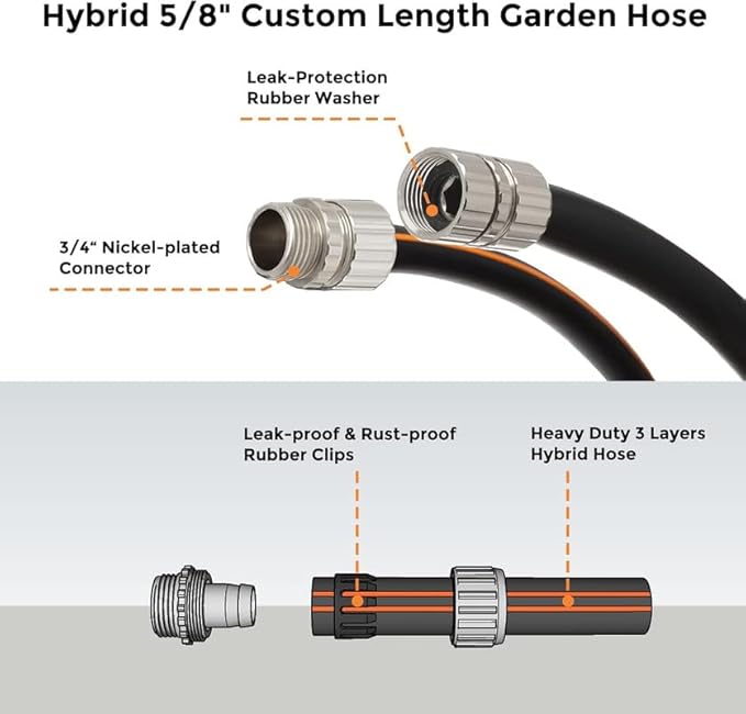Giraffe Tools Garden Hose 5/8", Custom Length, Heavy Duty, No Kink, Flexible, Rubber Garden Hose, Leakproof Water Hose, 600 Burst PSI, 50ft Male to Female Hose