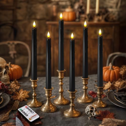 6 PCS Black Flameless Taper Candles with Remote and Timer, Real Wax LED Candlesticks with 3D Wick Light, 9.6 Inches Wax Drip Fake Candles for Halloween Party Home Decor by meigic