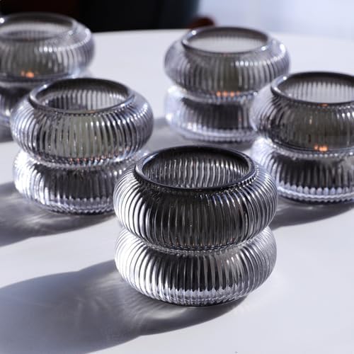 Woho 12 Pack Smoke Grey Ribbed Votive Candle Holders for Halloween Decor by Woho