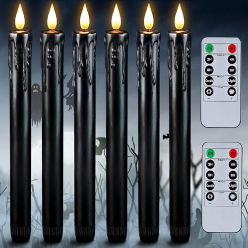 Homemory Black Flameless Taper Candles with Remote and Timer, Real Wax LED Taper Candles Battery Operated, Flickering Candle Sticks for Party Halloween Indoor Decoration, 6 Pcs, 9.6 inches by Homemory