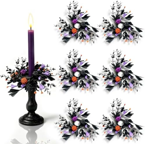 6 Pcs 1.38" Mini Halloween Taper Candle Rings Wreaths Small Artificial with Black Foliage Purple Blooms Orange Berries Pom Flowers Taper Candle Holder Wreath for Spooky Farmhouse Home Candlesticks by Unknown