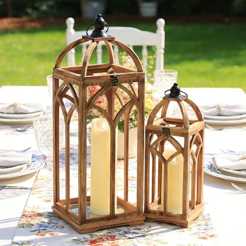Large Farmhouse Wooden Lantern Decorative Indoor & Outdoor,30‘’/20‘’H Set of 2 Rustic Hanging Candle Lanterns, Wooden Outdoor Lanterns for Patio Front Porch Table, Natural Wood - Image 7