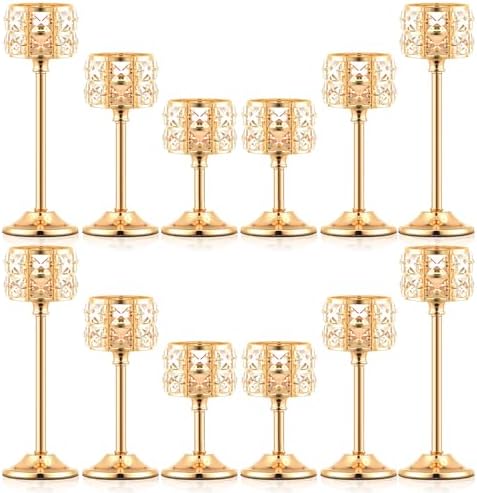Crystal Metal Candle Holder, Square Crystal Beads Bling Tea Light Candlestick, Tall Votive Candelabra Elegant Centerpiece for Table Wedding Decoration, Home Decor (Gold, 4 Set (12pcs) by kehail