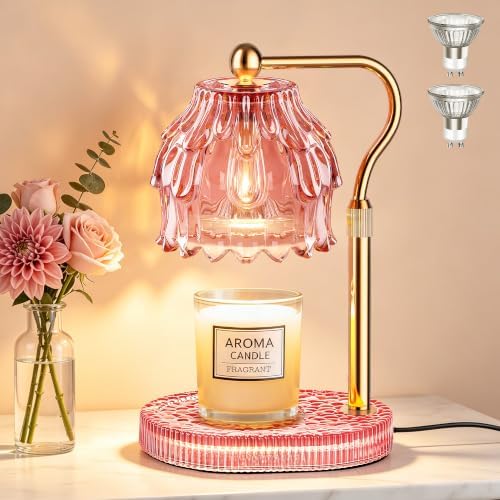 Candle Warmer Lamp with Timer Dimmer, Modern Wax Warmer for Scented Wax Jar Candle Warmer with 2 Bulbs, Adjustable Height Glass Lamp for Women, House Warming Gifts, Gold Pink by Qimh
