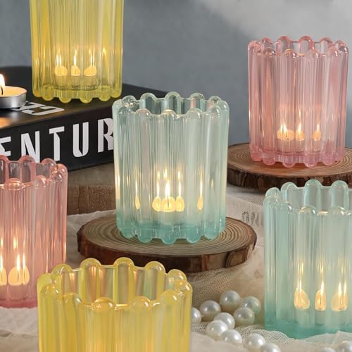12PCS Glass Pink Votive Candle Holder, Blue Ribbed Votive Candle Holders - Image 5