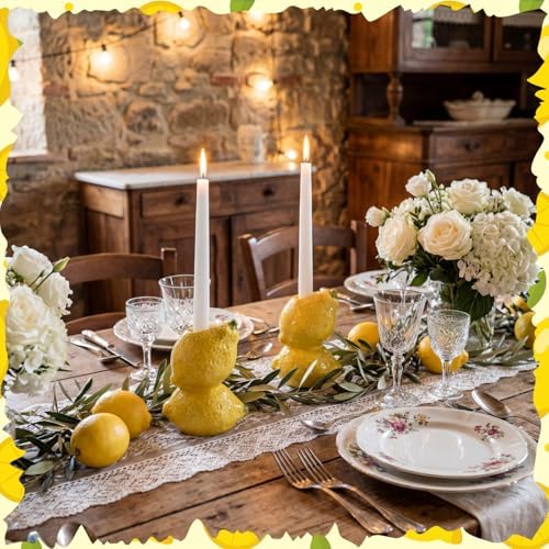 Set of 2 Lemon Taper Candle Holders Lemon Party Decorations Table Centerpiece Summer Citrus Candlestick Holders for Home Kitchen Dining Room Birthday Wedding Bridal Shower - Image 2