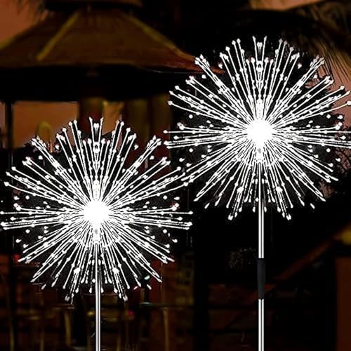 Solar Firework Lights, 2 Pack 120 LEDs 2 Lighting Modes Solar Garden Lights Outdoor Waterproof for Yard Patio Walkway Pathway Party Wedding Christmas Decorative- Cool White by JJGoo