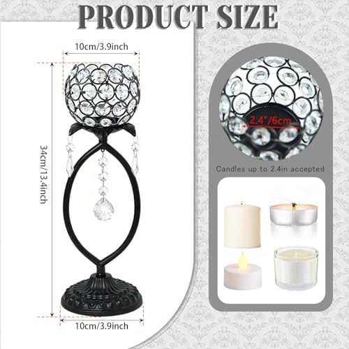 6 Pcs Black Elegant Metal Crystal Tea Light Candle Holders with Crystal Pendants, Hollow Design - Wedding Table Centerpieces for Anniversary Birthday Party, Home Decor - Image 2