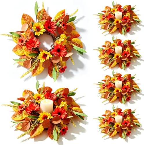 6 PCS Fall Candle Ring Wreaths Artificial Fall Daisy Sunflower Autumn Floar Candle Holder Rings with Maple Leaves Eucalyptus Mini Thanksgiving Wreath for Cabinets Farmhouse Table Centerpiece Decor by Unknown