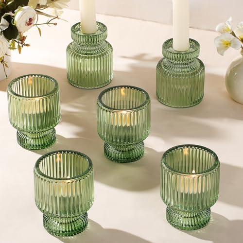 DARJEN 6 Pcs Green Candlestick Holders - Glass Taper Candle Holders Tealight Votive Candle Holders for Table Centerpieces, Wedding, Dinner Party, Home, Gifts by DARJEN