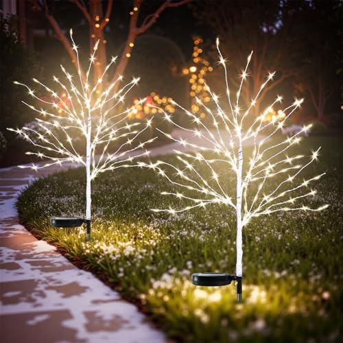 Solar Outdoor Christmas Decorations, 35INCH Fairy Light Brich Tree, Solar Christmas Decor for Outside, Yard, Garden, Pathway, Wterproof LED Warm White Lights, 8 Modes, Auto On/Off, 2PCS by Luiywan