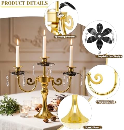 2 Pcs 3 Arm Black and Gold Metal Candelabra with Crystal Pendants - 11.8 Inch Tall Candle Holders, Elegant Taper Candlestick Stand for Wedding, Dining Table, Christmas Party Home Decoration - Image 3