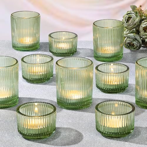 NITIME 20pcs Ribbed Green Votive Candle Holders, Assorted Tea Light Candle Holder Glass for Wedding Table Decor, Green Candle Holders for Table Centerpieces, Brithday and Tea Party Decorations by NITIME