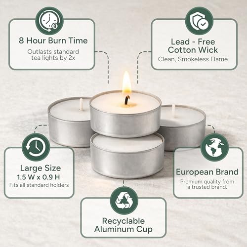 Zuvo Tea Lights Candles 8 Hour Burn (100 Pack) - Unscented White Tealight Candles, Long Burning Smokeless Tea Lights for Weddings, Home, Shabbat, Emergency - European Made, Lead-Free Cotton Wick - Image 5