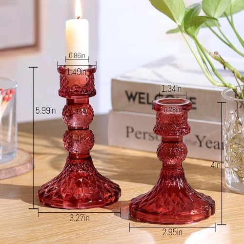 DARJEN Red Glass Candlestick Holders Set of 6, 4" H & 5" H Taper Candle Holders for Candlesticks & Pillar Candles, Diamond Candle Holders for Wedding Party Table Centerpiece, Home Decor - Image 2