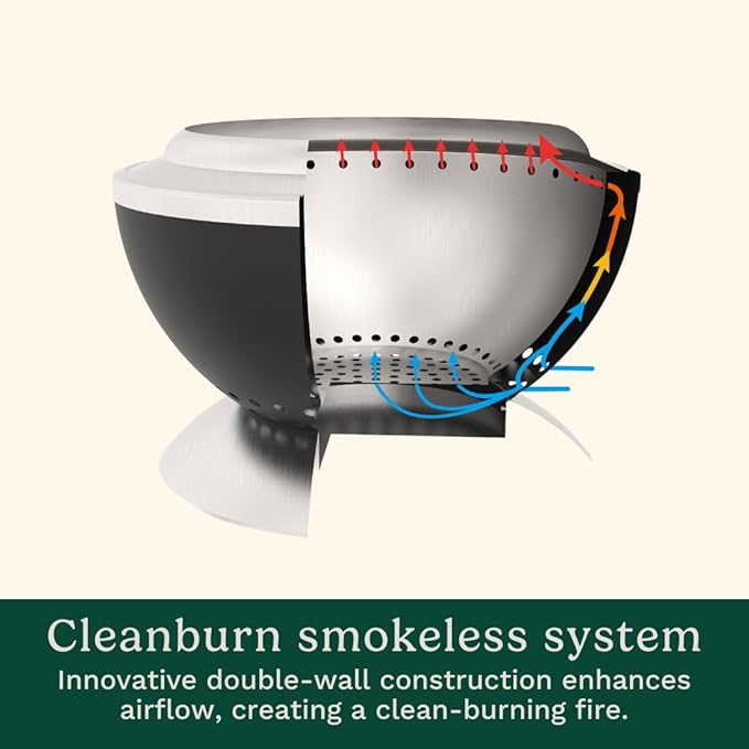 Cuisinart 24” Cleanburn Smokeless Fire Pit with Removable Base for Ash, Portable Wood Burning Outdoor Fireplace, Stainless Steel Smoke Free Outdoor Heater, Enhanced Airflow and Easy Cleanup