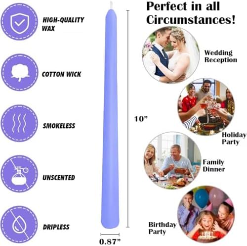 12-Pack Soft Lavender Purple Taper Candles, 10 Inch Unscented Dripless Candlesticks, Long-Lasting Burn Time of 6-7 Hours, Perfect for Home Decor, Weddings, and Events - Image 7
