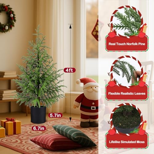 4FT Prelit Norfolk Pine Christmas Tree Real Touch Artificial Cedar Tree with 80LED Lights & 8-Function Plug-in Potted Faux Trees for Front Porch, Entryway, Patio, Christmas Indoor Outdoor Decor - Image 5