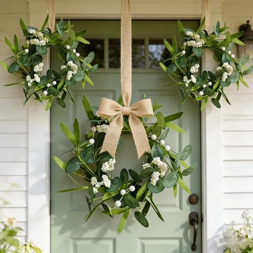 4 Pcs Green Artificial Eucalyptus Candle Rings Wreaths Mini Green Kitchen Cabinet Wreath Table Centerpieces Spring Summer with White Berry for Pillars Farmhouse Porch Front Door Wedding Decor - Image 6