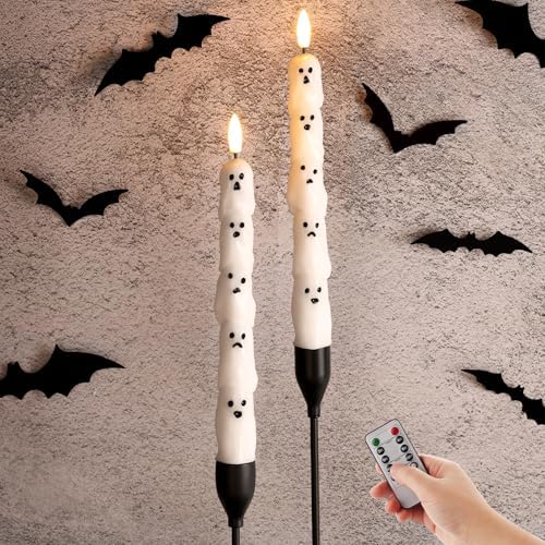 White Ghost Halloween Flameless Taper Candles with Remote Set of 2 by Girimax