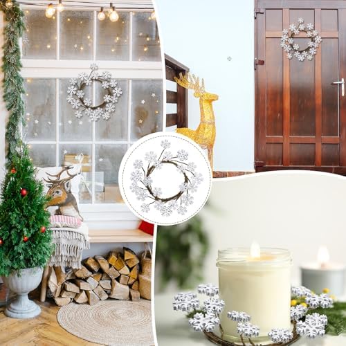 Daifunli 2 Pcs Winter Candle Rings Snowflake Wreath Glitter Vintage Wood Wreaths for Pillar 3.9 Inch Frosty Candles Holder for Winter Christmas Xmas Wedding Home Rustic Table Centerpiece Decor - Image 6