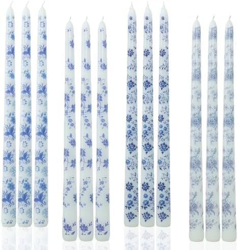 12inch Blue and White Porcelain Long Taper Candlesticks Chinoiserie Dripless Candle Decorations Unscented Taper Candles for Party Gift Home Decor-12 pcs by LPUSA