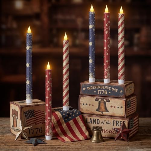 Honoson 6 Pcs 4th of July Patriotic Flameless Taper Candle 10.6" Distressed by Honoson