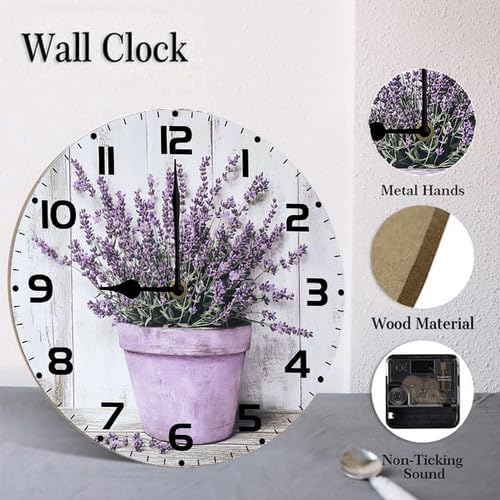 Lavender Watercolor Flower Wooden Silent Non-Ticking 10 Inch Round Clocks Battery Operated Analog for Living Room Kitchen Bedroom Bathroom Office Home School Decor