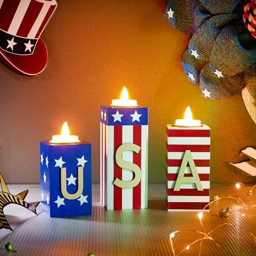 BlcTec 4th of July Decorations, 3 PCS Patriotic Wood Candle Holders with Tea Lights, Rustic Farmhouse Centerpieces for Home, Tiered Tray, Tabletop, Mantel, Office, Porch, Memorial Day, July 4th Décor - Image 2