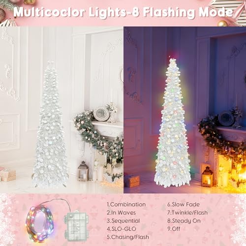 Pop Up Christmas Tree, 5FT Collapsible Artificial Christmas Tree with 90 LED Lights, Tinsel Small Pencil Christmas Tree for Home Holiday Fireplace Party Indoor Outdoor Xmas Decorations (White) - Image 4