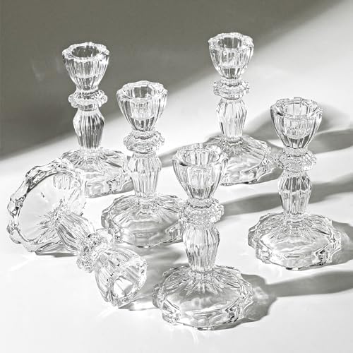 4.33" Tall Glass Candlestick Set of 6 Clear Crystal Candle Holders by SHOHAYTO