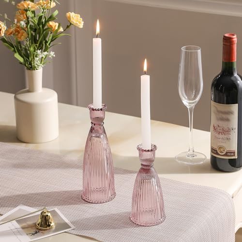 Vertical Stripe Candlestick Holders Set of 3, Premium Glass Candle Holders for Candlesticks and Taper Candles, Vintage Candle Holder Decor for Table Centerpiece, Pink - Image 4