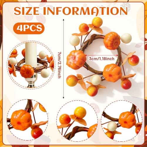 4 PCS Fall Taper Candle Rings 1.38" Mini Artificial Pumpkin Berry Taper Candle Holder Wreaths Thanksgiving Harvest for Pillar Candles Candlesticks Table Centerpieces Rustic Autumn Farmhouse Home Decor - Image 3