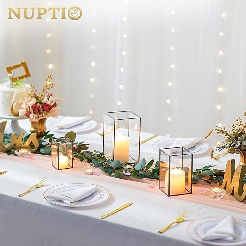 NUPTIO Glass Hurricane Candle Holder: 3 Pcs Black Lanterns Geometric Pillar Candles Holder Decorative Lantern Centerpiece for Outdoor & Indoor Halloween Holiday Fireplace Decor 8.1 & 6.5 & 4.7 inch - Image 5
