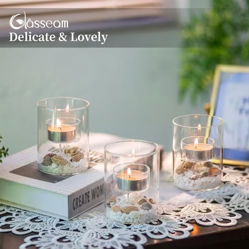 Glasseam Glass Tea Lights Candle Holder, 12 Pcs Cylinder Small Votive Decor - Image 3