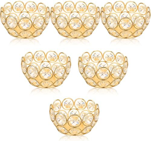 Potchen 6 Pcs Tea Light Candle Holders - Crystal Votive Candle Holders Tealight Jewel Bowl Stands Decorative Centerpiece for Wedding Party Home Table Decor (Gold) by Potchen