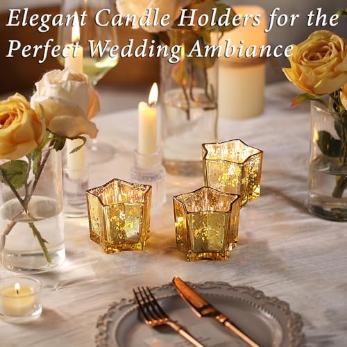 Letine 8pcs Gold Star Candle Holders Set - Elegant Tea Light & Votive Holders for Diwali, Weddings, Fall Decor - Mercury Glass Star Jars with Celestial Glow(2.44" Height) - Image 4