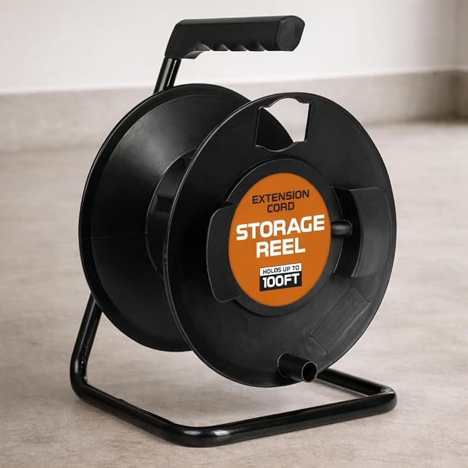 IRON FORGE CABLE Extension Cord Storage Reel with Metal Stand, Black - Portable Cable Reel That Holds Up to 100 Ft of Extension Cords, Hose, or Rope