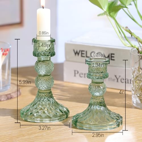 DARJEN Green Glass Candlestick Holders Set of 6, 4" H & 5" H Taper Candle Holders for Candlesticks & Pillar Candles, Diamond Candle Holders for Wedding Party Table Centerpiece, Home Decor - Image 2