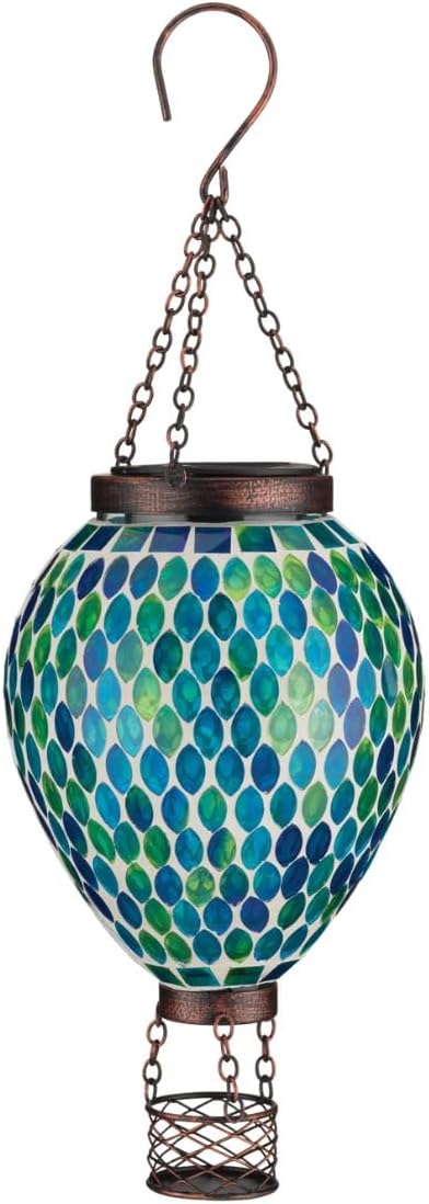 Regal Art & Gift Hot Air Balloon Solar Lantern – Hanging Solar-Powered LED Lights, Waterproof Portable Decorative Outdoor Lamp Made of Metal & Glass for Garden, Patios & Pathway - Mosaic Blue