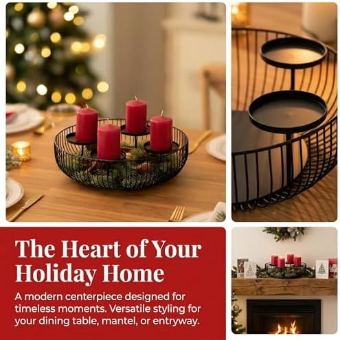 4-Tray Matte Black Candle Holder - Round Pillar Candle Holder for Fireplace Mantel, Dining Table Centerpiece, Modern Wire Basket Candle Stand for Home Decor, Wedding & Holiday Decorations - Image 2