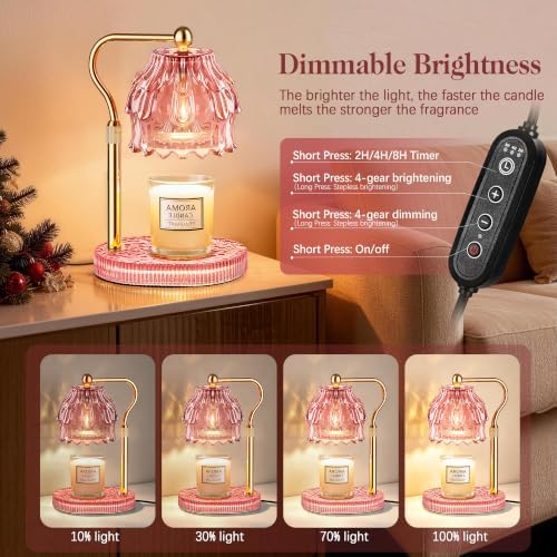Candle Warmer Lamp with Timer Dimmer, Modern Wax Warmer for Scented Wax Jar Candle Warmer with 2 Bulbs, Adjustable Height Glass Lamp for Women, House Warming Gifts, Gold Pink - Image 2