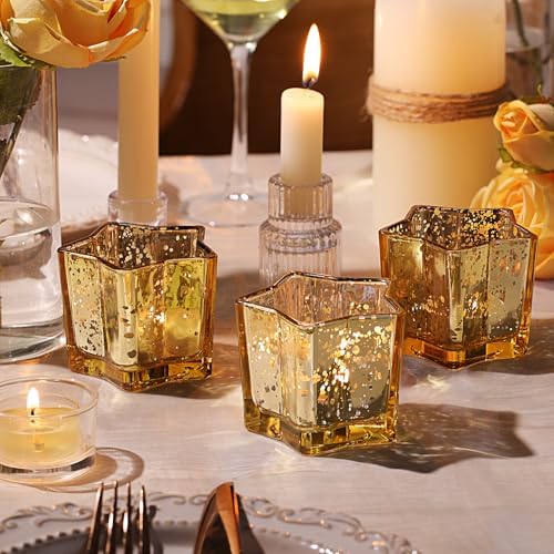 Letine 8pcs Gold Star Candle Holders Set - Elegant Tea Light & Votive Holders for Diwali, Weddings, Fall Decor - Mercury Glass Star Jars with Celestial Glow(2.44" Height) - Image 5