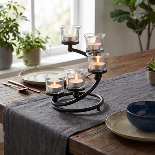 1PC Clear Chunky 5 Cups Metal Tea Light Candle Holders for Table Centerpiece, Glass Votive Tealight Holders/Candelabra Candlestick Holders for Wedding,Party, Anniversary,Christmas(Black) - Image 5