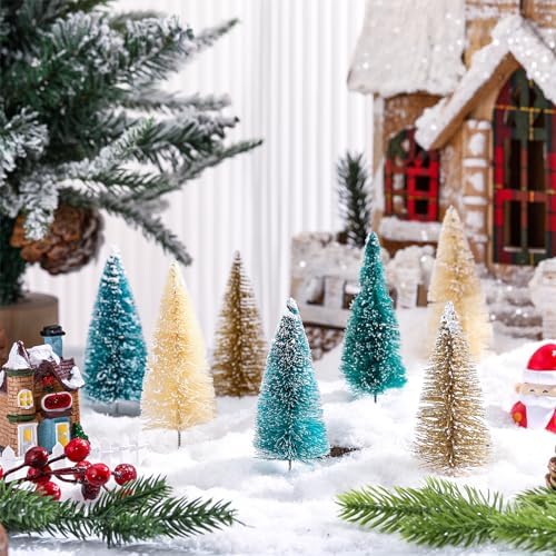 24 Pcs 4 Inch Mini Christmas Tree Bottle Brush Trees Artificial Frosted Sisal Christmas Tree with Wood Base for Christmas Decoration and Display Home Tabletop (Gold, Cyan, Beige) - Image 6